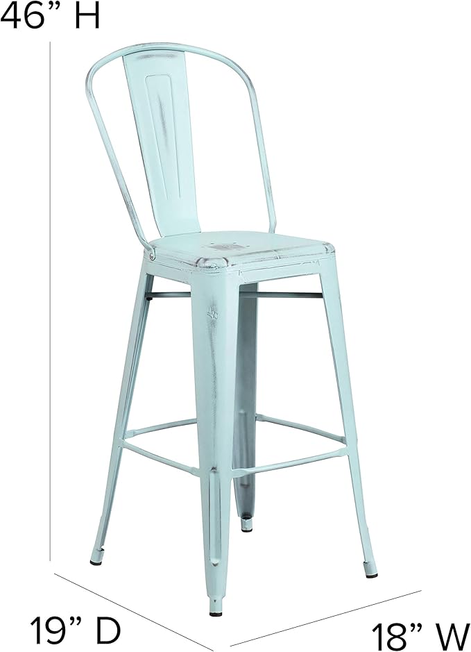 Flash Furniture Commercial Grade 30" High Distressed Green-Blue Metal Indoor-Outdoor Barstool with Back