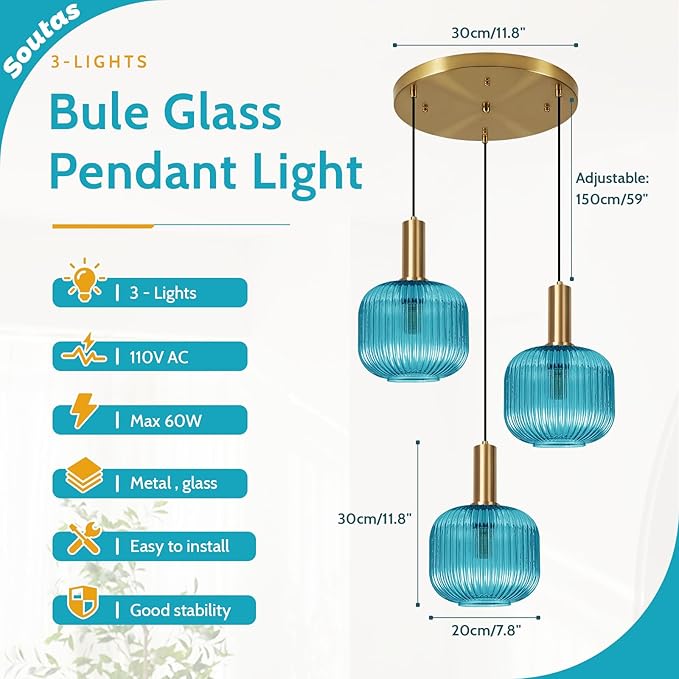 3-Light Pendant Chandelier Gold Cluster Pendant Lighting Blue Glass Pendant Lights Kitchen Island Lights Ceiling Hanging Modern Dining Room Pendant Light Fixtures Over Table