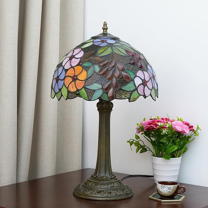 Tiffany Lamp Grape Stained Glass Table Lamp 12X12X18 Inches Grape Style Desk Reading Light Decor Beside Bedroom Living Room Home Festival Birthday Gift