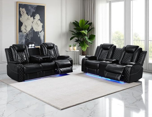 Power Reclining Sofa Set, Living Room Furniture Sets, Leather Power Recliner Sofa Loveseat with Cup Holders/Storage/Charging, Breathing Leather Reclining Couch for Home Theater/Office, Black
