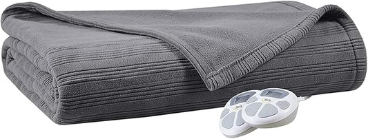 Serta Travis Fleece Ultra Soft Tri-Rib Textured Electric Blanket, Cozy and Snuggly Cover Fast Heating for Cold Weather, Auto Shut Off, Multi Heat Setting Controller, King, Charcoal