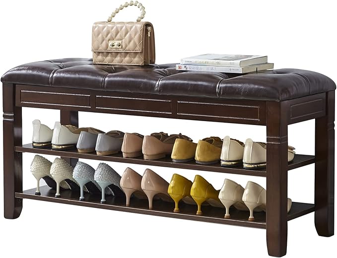LEILISI Shoe Bench, Storage Rack Organizer with Cushion 2 Tier Lift Top Shoe Rack for Entryway Living Room Bedroom Hallway Wooden Furniture (Brown, 39.4'')