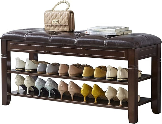 LEILISI Shoe Bench, Storage Rack Organizer with Cushion 2 Tier Lift Top Shoe Rack for Entryway Living Room Bedroom Hallway Wooden Furniture (Brown, 39.4'')