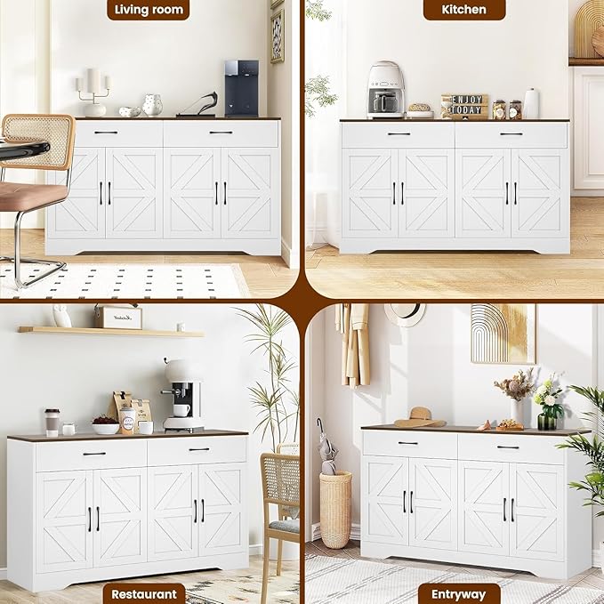 Sideboard Buffet Cabinet with Storage, Large Kitchen Storage Sideboard with Drawers & Doors, Modern Wood Farmhouse Coffee Bar Cabinet, Buffet Table for Kitchen, Living Room, White, 15.1"*55.1"*31.8"