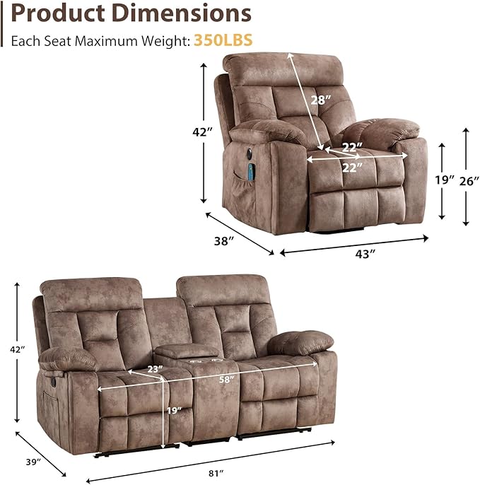EBELLO 2 Piece Reclining Living Room Set, Soft Fabric Recliner Sofa Set, Included Power Lift Recliner Chair with Massage and Heat and Loveseat, Brown
