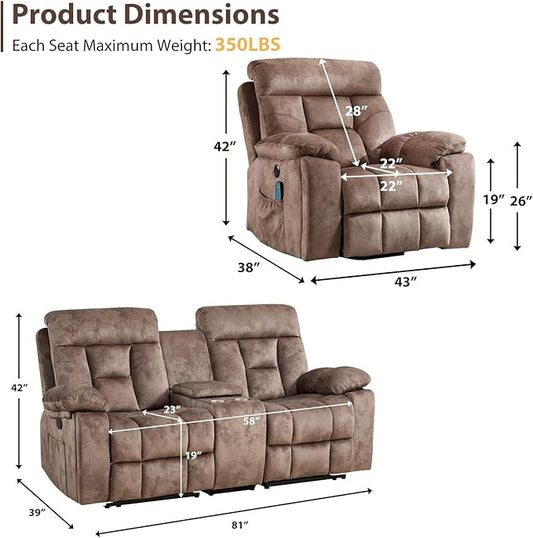 EBELLO 2 Piece Reclining Living Room Set, Soft Fabric Recliner Sofa Set, Included Power Lift Recliner Chair with Massage and Heat and Loveseat, Brown