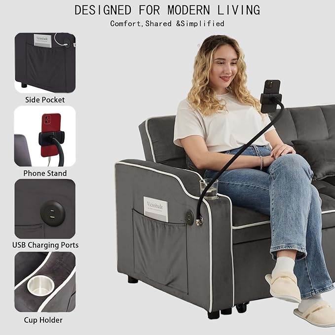 Convertible Sofa Bed, 3 in 1 Futon Sofa Bed with USB Charging Ports, Cup Holder, Phone Stand & Pocket, Modern Upholstered Sleeper Sofa for Living Room, Apartment or Small Space (Grey-L)