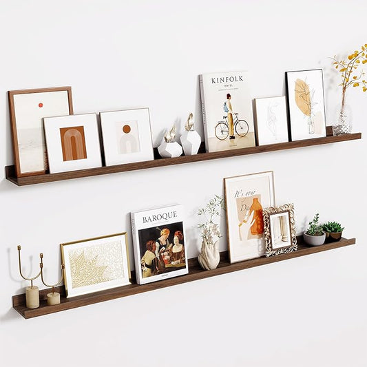 Fun Memories Picture Ledge Shelves Set of 2-55 Inch Shelves with Lip - Large Nursery Bookshelf for Storage - Floating Shelf Wall Mounted for Living Room - Bedroom -Kitchen - Walnut Color