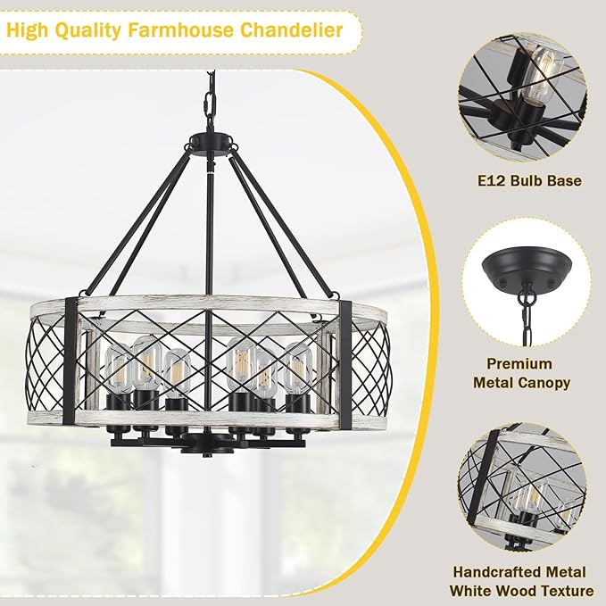 Modern Chandelier for Dining Room, 6-Light Wood Grain Finish Farmhouse Chandelier, 21.6” White Rustic Drum Hanging Light Kitchen Island, Round Metal Hanging Light Fixture for Foyer, Entryway, Bedroom