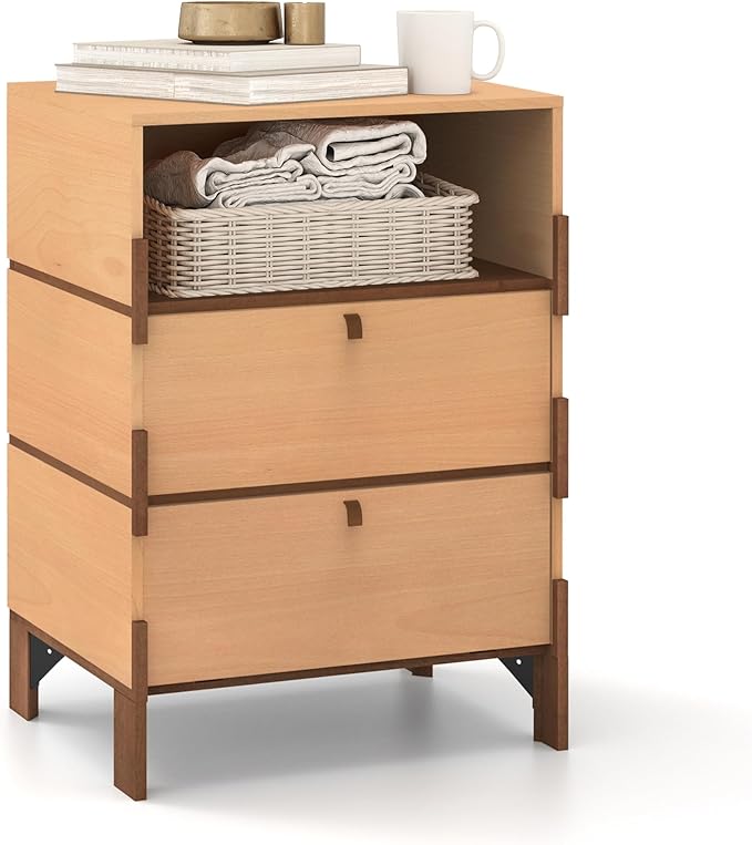 27.8" H End Table, Easy Assembly Bedside Table with 2 Drawers & Open Storage, Wood Night Stand, Side Table, End Table for Bedroom, Dormitory, Beech Color