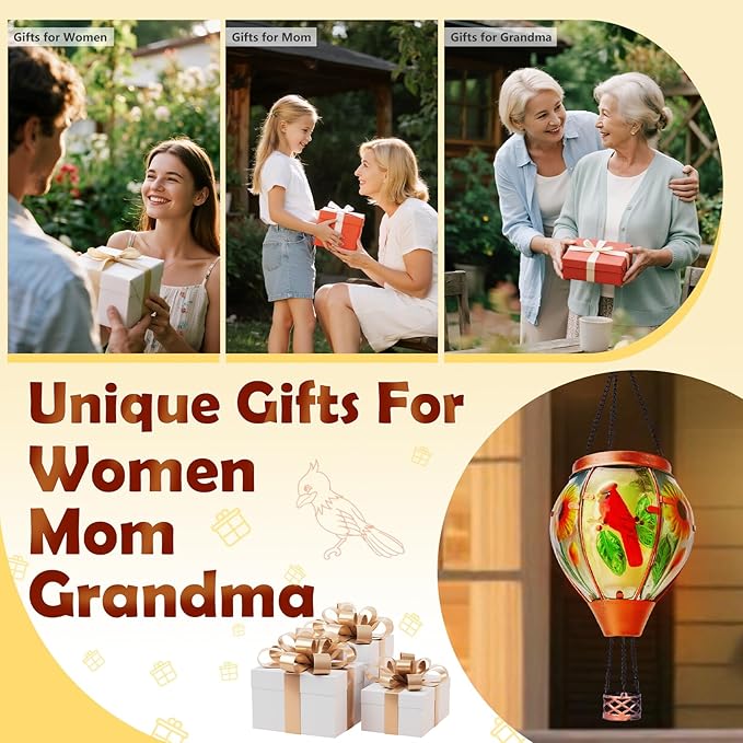Solar Hot Air Balloon Lantern with Flame， Cardinal Glass Solar Hanging Lights Outdoor Yard Patio Farmhouse Decoration, Cardinal Gifts for Women Grandma Mom - Cardinal