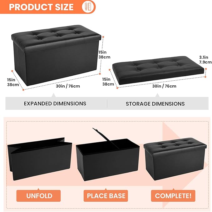 COSYLAND Ottoman Bench with Storage - 30x15x15in Folding Leather Ottoman, Rectangle Foot Stool Foldable Storage Chest Footrest Footstool Collapsible with Lid for Bedroom Living Room Black