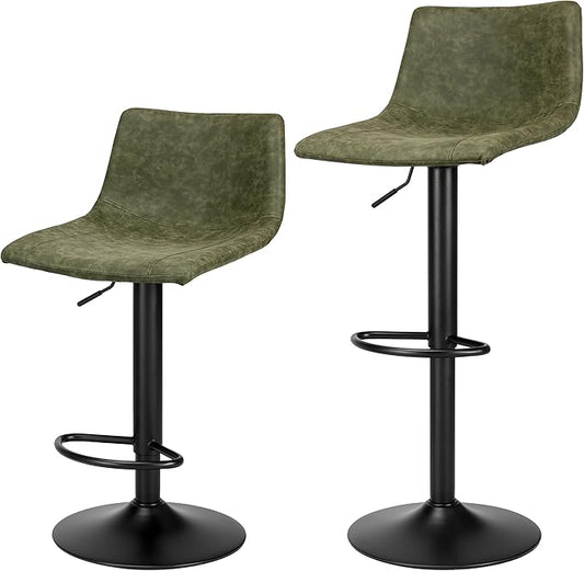 Finnhomy Bar Stools Set of 2 Counter Height, Swivel Barstools with Footrest and L Shape Back, Height Adjustable Modern Bar stools for Kitchen, Vintage Leather, Retro Green