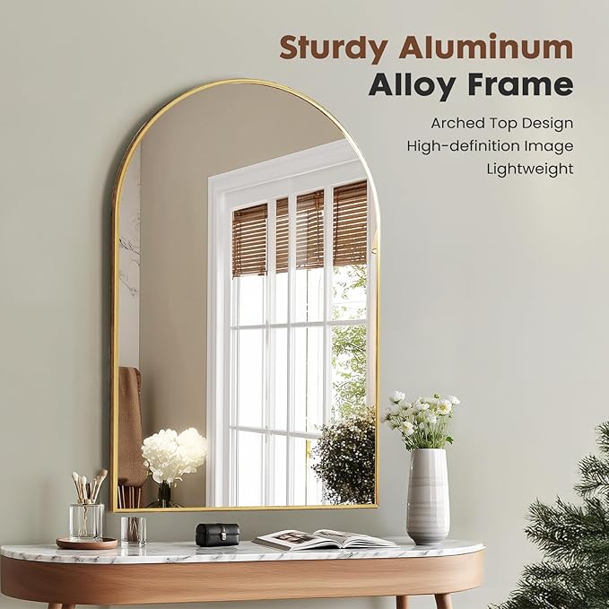 Arched Wall-Mounted Mirror, 26"x38" Arch Bathroom Mirror, Gold Vanity Mirror for Wall Décor, Wall Mirror with Metal Frame for Bedroom, Entryway, Living Room, Brushed Gold
