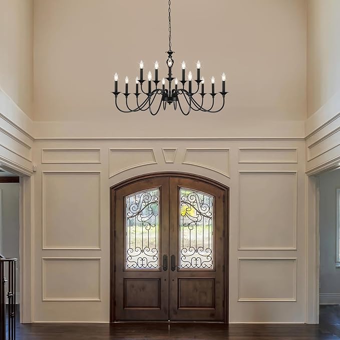 15 Light Black Farmhouse Chandelier | Large Chandeliers for Dining Room Light Fixtures Over Table | Vintage Candle Hanging Lighting for Living Room | Foyer | Staircase | Restaurant | Villa