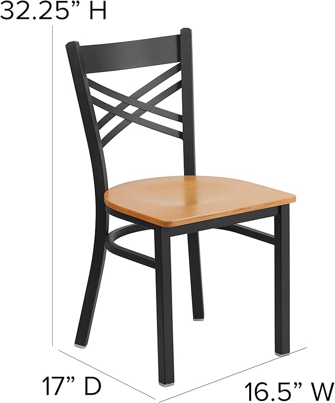 Flash Furniture HERCULES Series Black ''X'' Back Metal Restaurant Chair - Natural Wood Seat