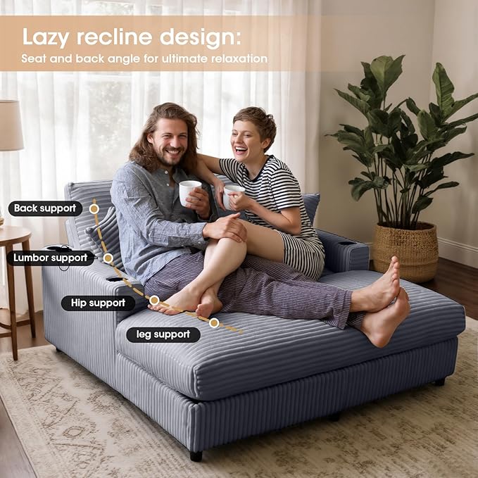 Eafurn 64" Oversized Chaise Lounge Chair Indoor, Plush Corduroy Upholstered Sofa Bed with Pillows & 2 Cup Holders, Extra Wide Deep Seat Sleeper Couch Recliner Chair for Living Room | Removable Cushions, Wooden Frame, Solid Legs