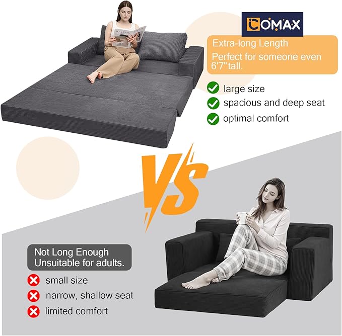 COMAX Futon Sofa Bed, 4‑in‑1 Convertible Sofa Bed, Boneless Couches for Living Room, Fold Out Small Foldable Loveseat Space‑Saving, Grey