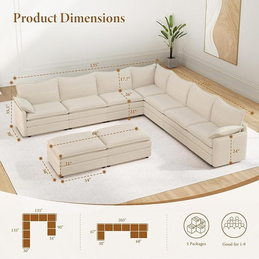 Vesgantti 142" Cloud Couch Sectional Modular Sofa, Comfy Sectional Couch with Ottoman Deep Seat Chenille L Shaped Sofa, Modular Couches for Living Room, Bedroom and Apartment, Snow White | Sink-in Comfort, Height Adjustable, Easy Rearrangement, Extra-d...