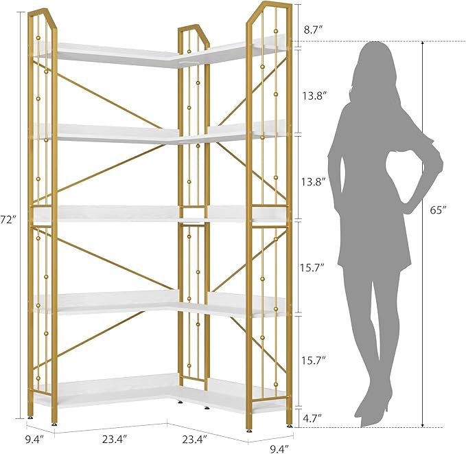 GarveeHome Corner Bookshelf 72" L Shaped Bookcase, Corner Bookshelves Industrial Bookcase 5 Tier L-Shape Bookshelf, Large Bookcases with Beaded Design Tall Display Rack Shelf for Living Room Bedroom