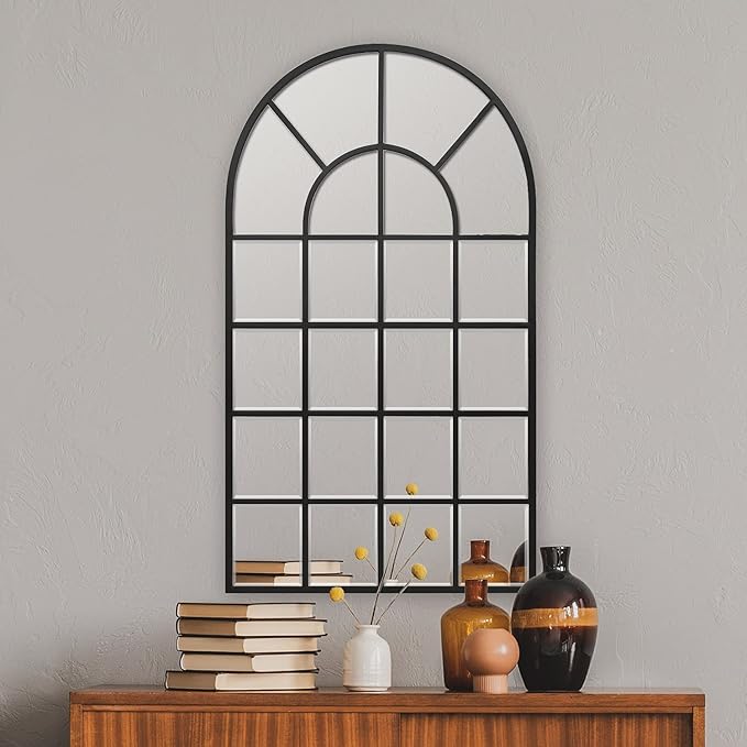 Black Arched Window Mirror, Large Window Pane Mirror with Beveled, Metal Framed Windowpane Mirrors, 28.5" X 50" Arched Wall Mirrors for Wall Decor, Entryway, Living Room