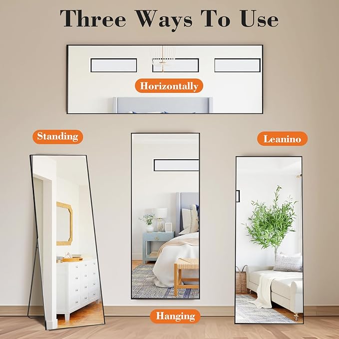 OLIXIS Full Length Mirror 59"x16.3" for Bedroom, Full Body Mirror with Stand, Hanging or Leaning for Wall, Aluminum Alloy Thin Frame Floor Standing for Living Room, Long, Black