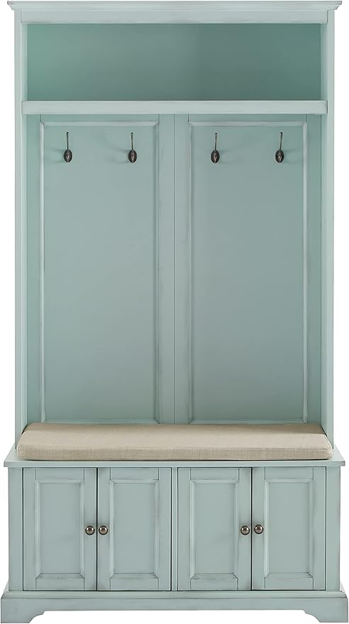Crosley Furniture Holbrook Hall Tree with Shoe Rack Bench and Coat Hooks for Hanging Storage, Distressed Seafoam Blue
