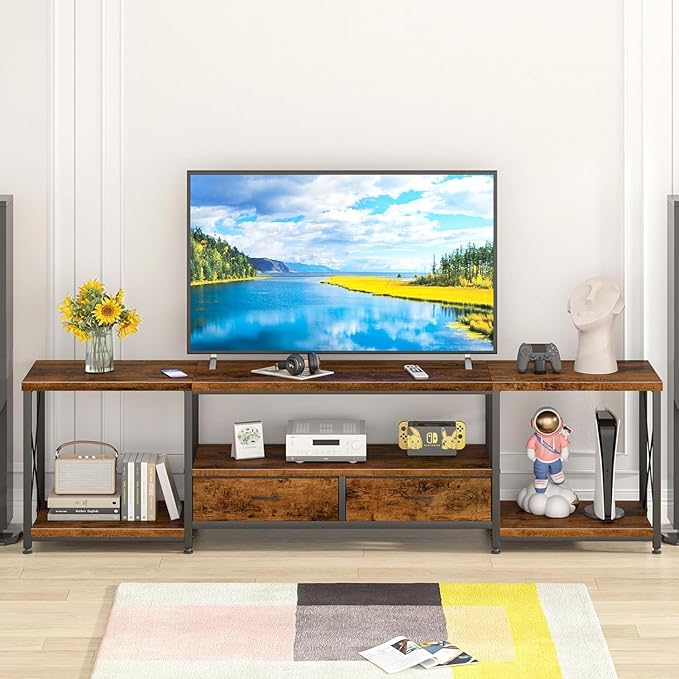 GYIIYUO TV Stand with Fabric Drawer for 50 55 Inches TV - Entertainment Center and Industrial TV Console Table with Open Storage Shelves for Living Room, Bedroom - 47" Rustic Brown