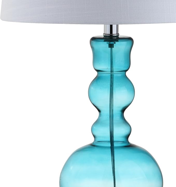 JONATHAN Y 28.5" Blue Glass Table Lamp Set of 2 for Living Room Bedroom Decor, Modern Bedside Lamps with White Linen Shade, LED Bulbs Included JYL1061A-SET2