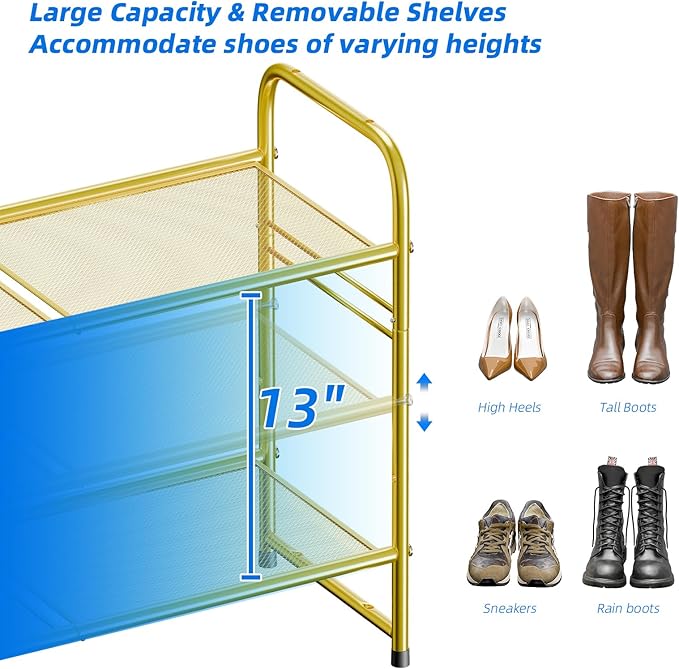 SUFAUY Shoe Rack for Closet, 33 inch Metal Shoe Shelf Heavy Duty, 3 Tier Mesh for Shoes, Gold