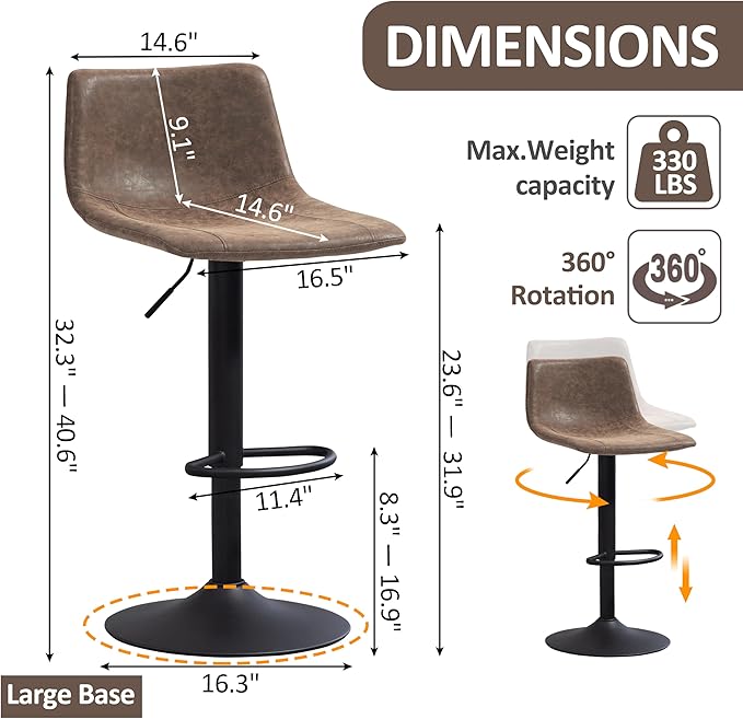 Finnhomy Bar Stools Set of 2, Swivel Adjustable Height Bar Chairs with Footrest & L-Shape Back, Vintage Leather Counter Stools for Kitchen Island, Home Bar, Retro Brown (24"-32" Height Adjustable)
