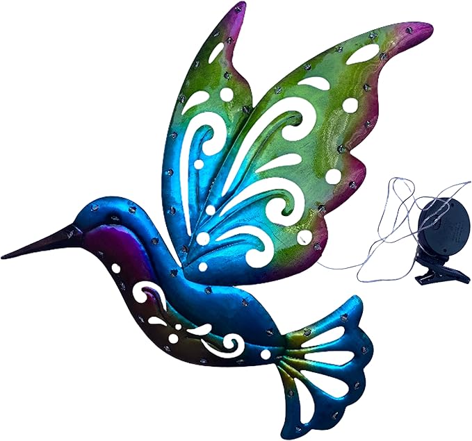 WAIU Solar LED Light Hummingbird Metal Outdoor Wall Outside Decorations for Yard, Hummingbird Ornament Metal Yard Art Wall Patio Backyard Garden Decor for Outside