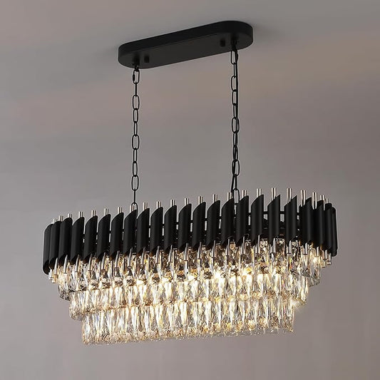 Modern Rectangular Chandelier Black and Gold Crystal Chandeliers for Dining Room Linear Ceiling Pendant Light Long 32” Luxury Oval Chandelier 8 Lights for Kitchen Island Living Room