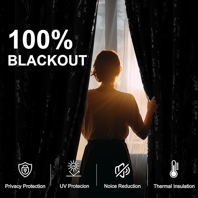 NICETOWN 100% Black Out Curtains 63 inch Long 2 Panels, Grommet Branch Pattern Silver Foil Printed Thermal Window Treatments Room Darkening Drapes for Bedroom, W52 x L63