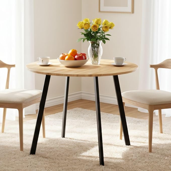 Karl home 35.4in Small Dining Table, Round Dining Table with Wood Finish Steel Legs, Circle Dinner Tables for Small Space, Apartment, Office, Kitchen, for 2 to 4 Person-Natural
