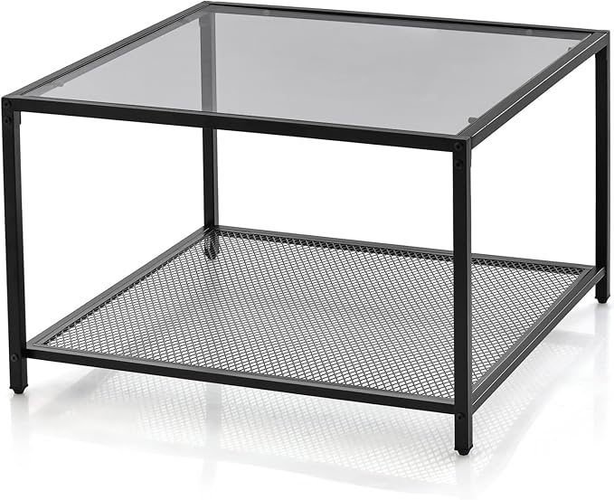 Giantex 27.5" Square Coffee Table - Tempered Glass Center Table w/Bottom Storage Shelf & Metal Frame, Modern Accent Table for Small Space, Living Room, Home, Office (2-Tier, Gray)