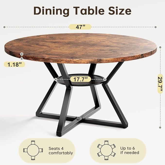 Concho 47" Round Dining Room Table for 4-6,Circle Kitchen Dining Dinner Table with Pedestal Metal Frame,Space Saving Wood Kitchen & Dining Room Furniture, Rustic Brown