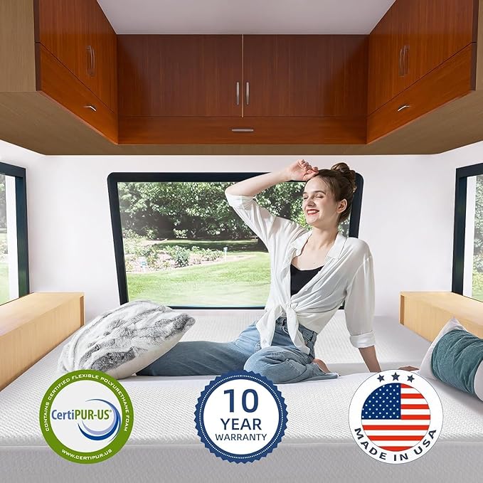 RV Mattress Short Queen, 10 Inch Cooling Green Tea Gel Memory Foam Camper Mattresses Fiberglass Free Medium Firm Bed-Mattress in a Box, Made in USA, CertiPUR-US Certified Safe Foams & Fabric, 75"×60"