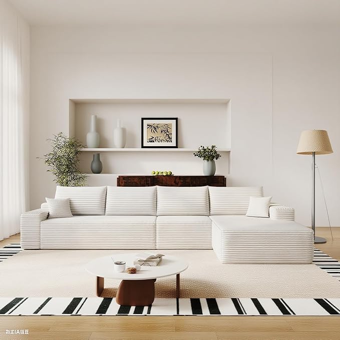 135" Corduroy Couch Sectional with Chaise, L Shape Boneless Cloud Couches for Living Room Bedroom, Fluffy Deep Seat Compression Sofa, Modular Corner Couch No Assembly, Right Facing Chaise, White