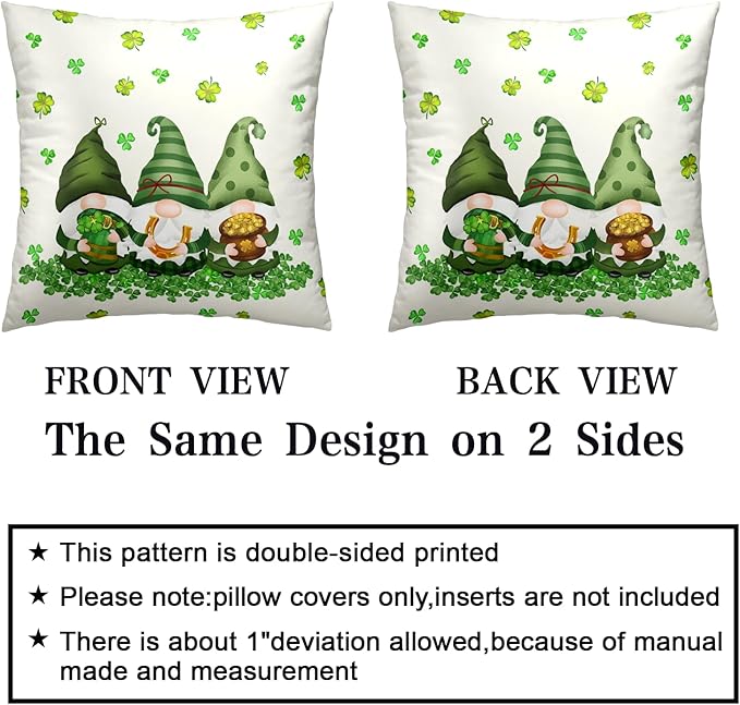 Set of 2 St.Patrick's Day Decorative Throw Pillow Covers 24x24 Lucky Clover Shamrocks Pillow Cases Square March Holiday Cotton Blend Pillowcase for Home Sofa Couch Decor