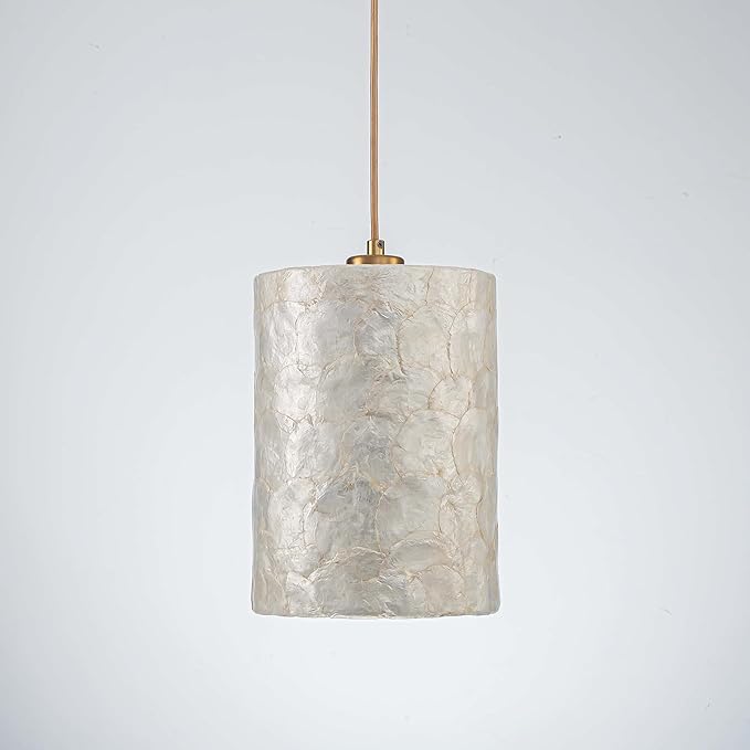 1-Light Capiz Shell Chandelier, Coastal Design, Modern Pendant Light Fixture for Dining Room, Living Room, Kitchen Island, D7 x H18~66"(Adjustable Height), Shell Lampshade & Gold Finish Frame