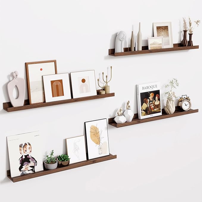 Fun Memories Picture Ledge Shelf - 30 Inches Floating Shelves Set of 4 - Floating Shelves with Lip for Storage - Wood Bookshelf Wall Mounted for Bedroom - Living Room - Kitchen - Walnut Color