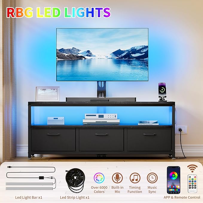 JUSTOGO TV Stand with Mount and Power Outlet, TV Stand Mount with Storage for Living Room, Entertainment Center with LED Lights for 45/55/60/65 inch, Height Adjustable Media Console, Black