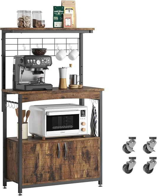 Bestier Bakers Racks with Storage Cabinet, Height-Adjustable 45" to 55" Microwave Stand for Kitchen with Wheels & Feet, Industrial Rolling Coffee Bar Shelf with 10 S-Hooks Rustic Brown