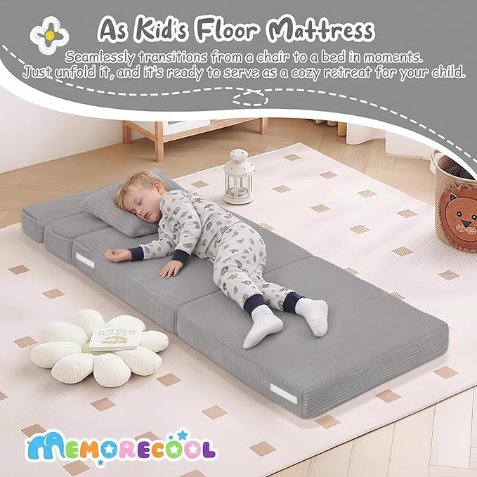 MeMoreCool Folding Sofa for Kids, Corduroy Fold Out Futon Chair, Small Foldable Floor Mattress, Portable Children Couch Sofa, Light Grey
