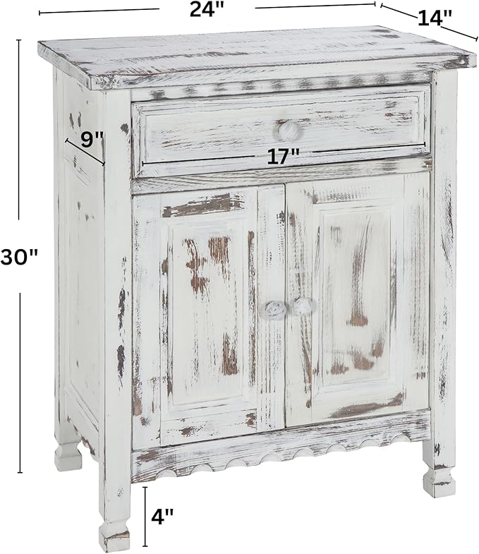 Alaterre Furniture Country Cottage Accent Cabinet with Drawer, Adjustable Shelf & 2 Doors – Modern Farmhouse Sideboard Buffet Storage Cabinet for Living Room, Dining Room or Entryway (White Antique)