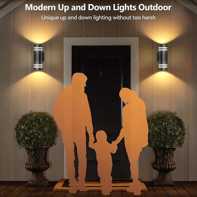 KIZON Smart Porch Lights 2 Pack, Modern Dusk to Dawn Outdoor Wall Lights Color Changing, Dimmable RGB Exterior Sconce Up and Down Light, Outside Lights for House Garage, Works with Alexa