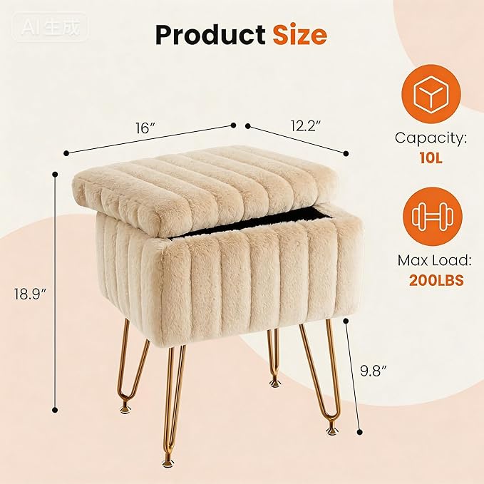 DUMOS Vanity Stool Chair, Ottoman with Storage, Makeup Cute Soft Small Footstool, Modern Style Faux Fur Seat with 4 Metal Legs & Adjustable Feet for Dressing, Living Room Bedroom Dorm, Camel