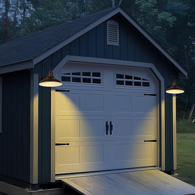 Dusk to Dawn Sensor Outdoor Barn Light Fixtures, 16 Inch Dome Farmhouse Outdoor Wall Sconces, Rustic Exterior Wall Mount Lights, Industrial Bronze White Wall Lanterns for Porch, 2 Pack
