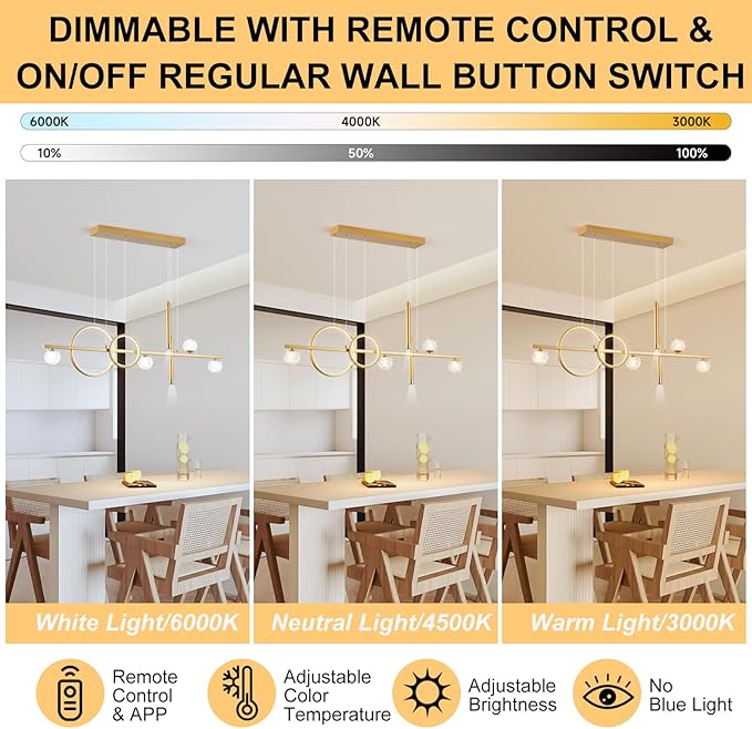 LED Gold Chandeliers for Dining Room, 47in Dimmable Modern Chandelier Gold Pendant Lights for Kitchen Island, Linear Ring Globe Pendant Light Fixtures Dining Room Lights Ceiling Hanging
